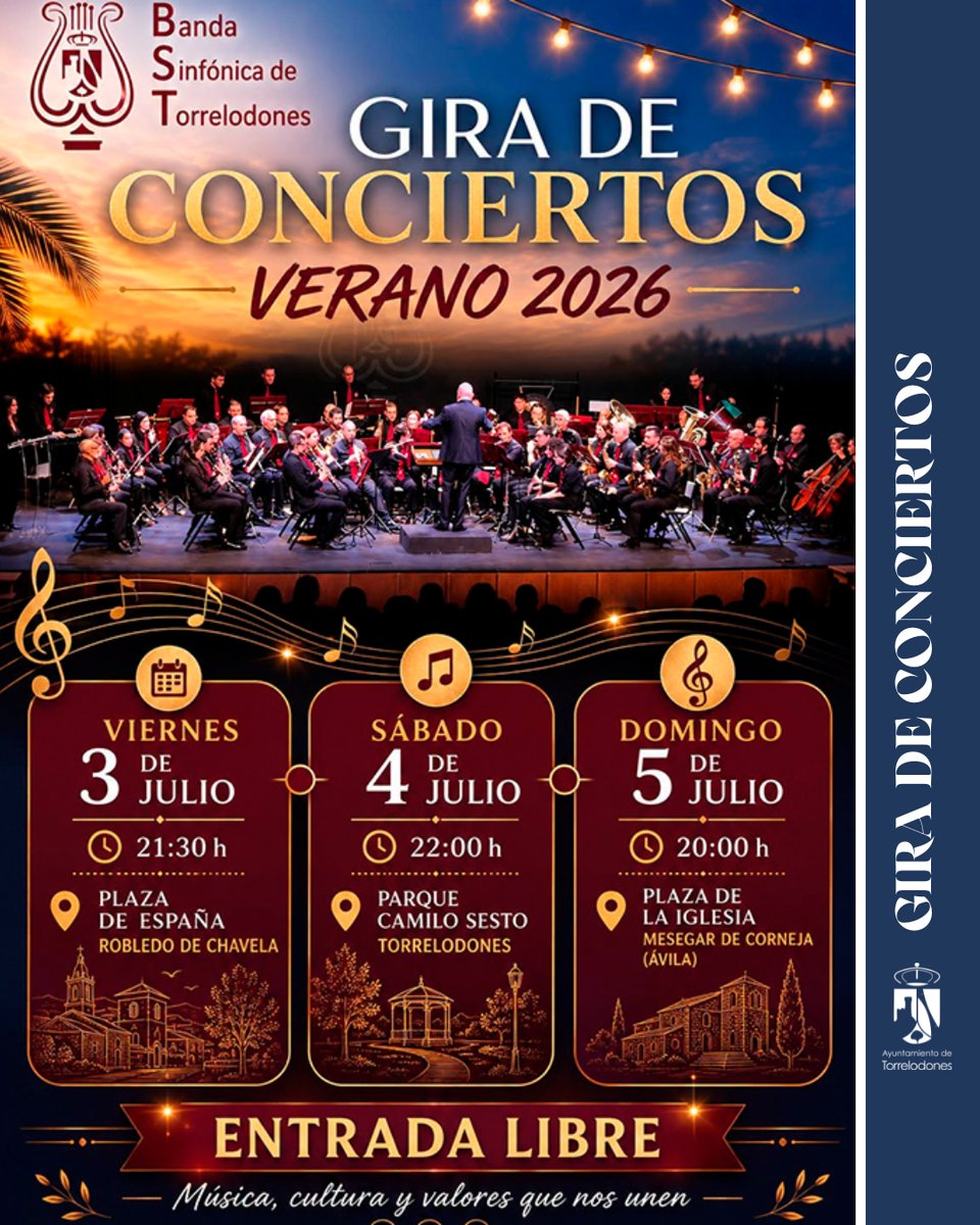 ayto_torre's tweet photo. 🎺🎼 La @BANDATORRE arranca su gira de verano

Los músicos de Musitorre llenarán de pasodobles y zarzuelas plazas de Madrid y Ávila.

📍 Cita en casa: Sábado 4 de julio | 22:00h 
🌳 Parque Camilo Sesto 
🆓 ¡Entrada libre! ¡No te lo pierdas!
🔗 https://t.co/XA56s8sLvk https://t.co/1OfnSu3mvf