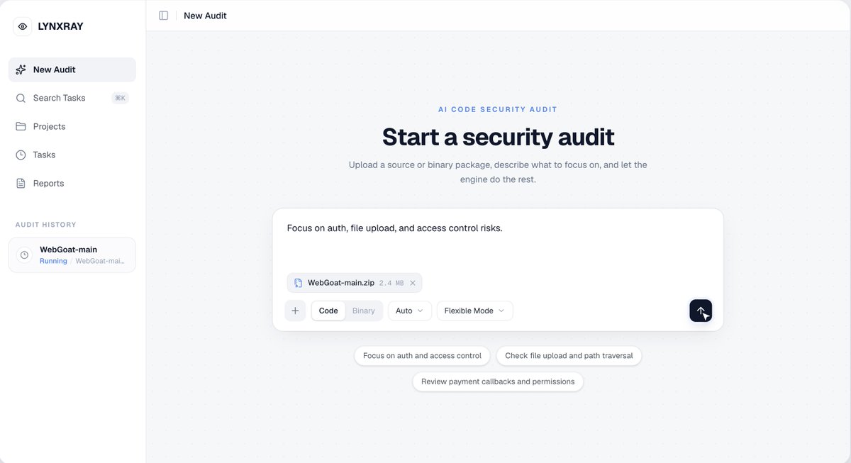 LynxRayAI's tweet photo. Security auditing has more than one cost.

There is the cost of getting useful signals.
There is the cost of understanding them.
And there is the cost of even starting the workflow.

LynxRay is built to reduce all three.

No complex setup.
No steep learning curve.
Start from a file upload.