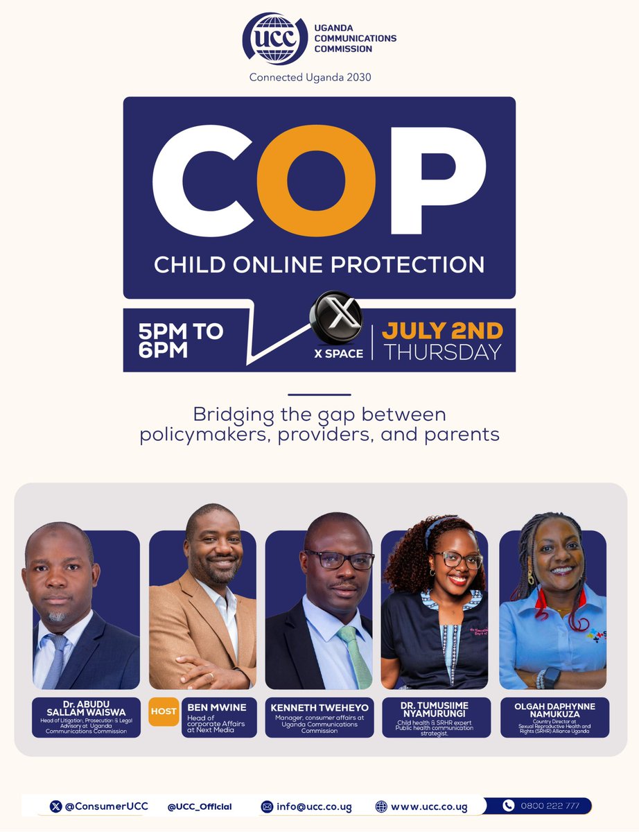 AshabaCynthia's tweet photo. Is the internet truly safe for children? 🤔

Join @UCC_Official tomorrow for an X Space on Child Online Protection as we discuss how to keep children safe online.

📅 2 July 2026
⏰ 5:00–6:00 PM

Be part of the conversation.

#ChildOnlineProtection #DigitalSafety https://t.co/h8knacm1OY