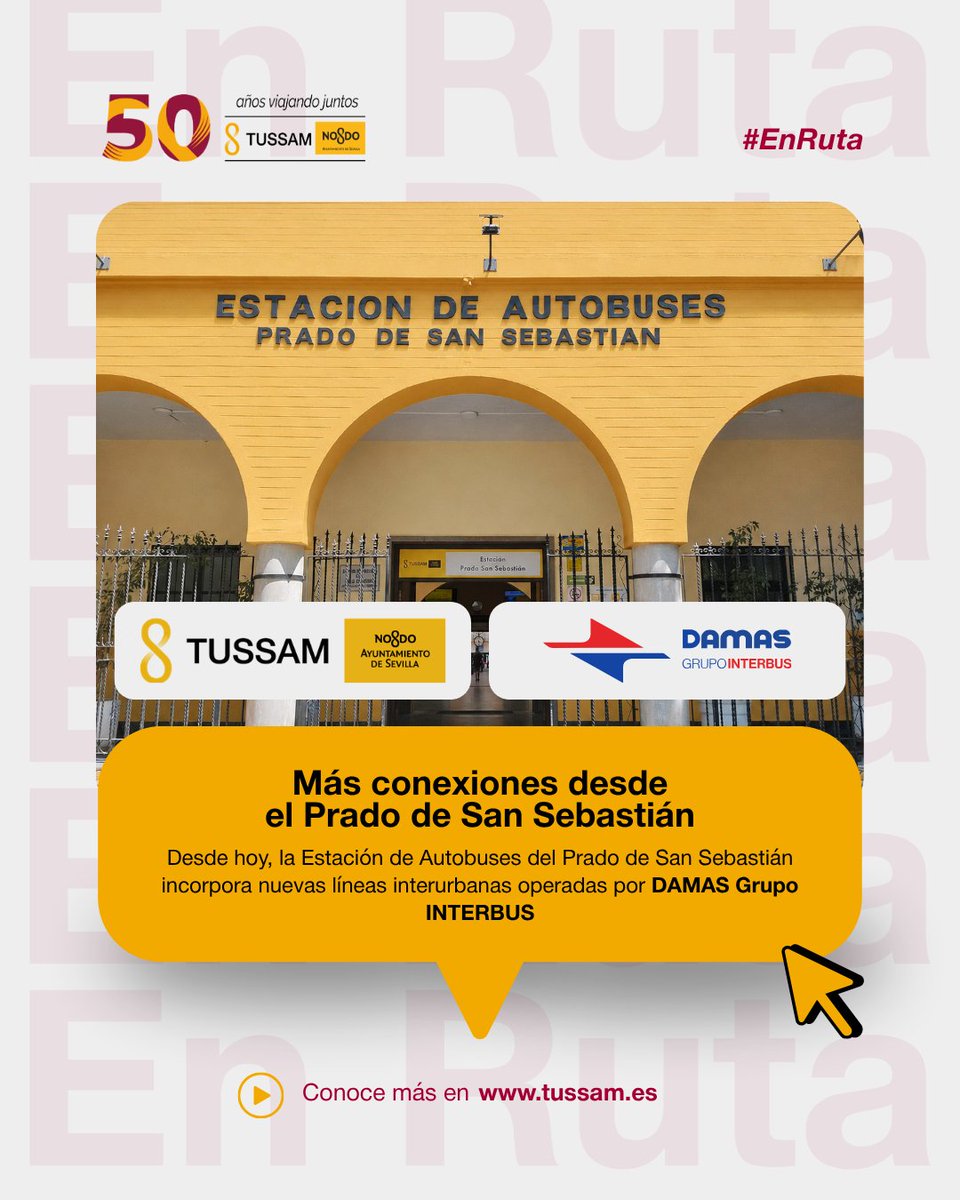 tussamoficial's tweet photo. 🚌 A partir de hoy, la Estación del Prado de San Sebastián incorpora nuevas líneas interurbanas de DAMAS Grupo INTERBUS.

📍 Nuevas conexiones con Chipiona, Lebrija, Sanlúcar de Barrameda, Arcos, Ubrique y Ronda.

🚇 Más conexión con Metro, Tranvía y la red de #TUSSAM para una movilidad más cómoda y eficiente.

#Sevilla #Movilidad #TransportePúblico
