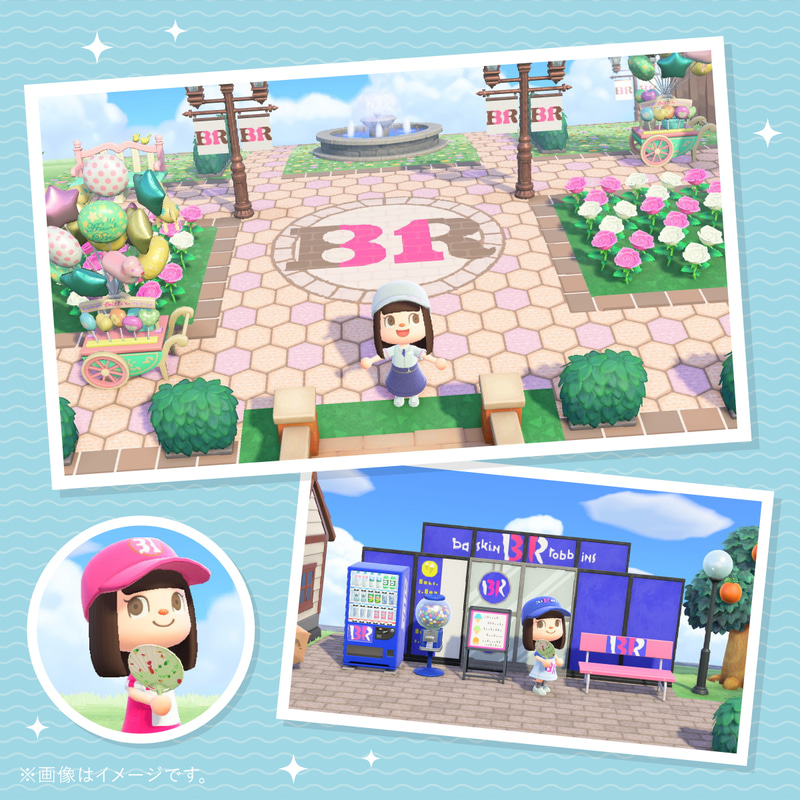 game_watch's tweet photo. 「あつまれ どうぶつの森」で「サーティワン島」公開。「B-R」のロゴも再現　 https://t.co/WrgwH3fYiq https://t.co/zxnCDCt6yb