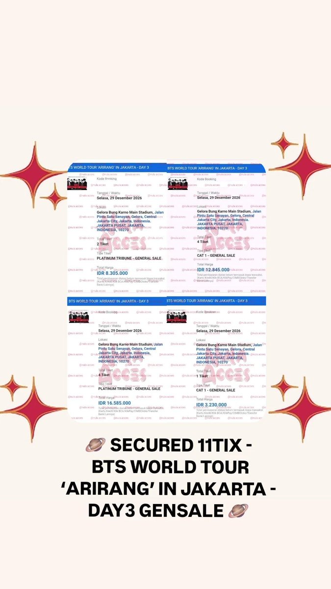 nulaaccess2's tweet photo. 🪐 SECURED 35TIX - BTS WORLD TOUR 'ARIRANG' IN JAKARTA DAY 3 🪐 https://t.co/er5bEGSwbF