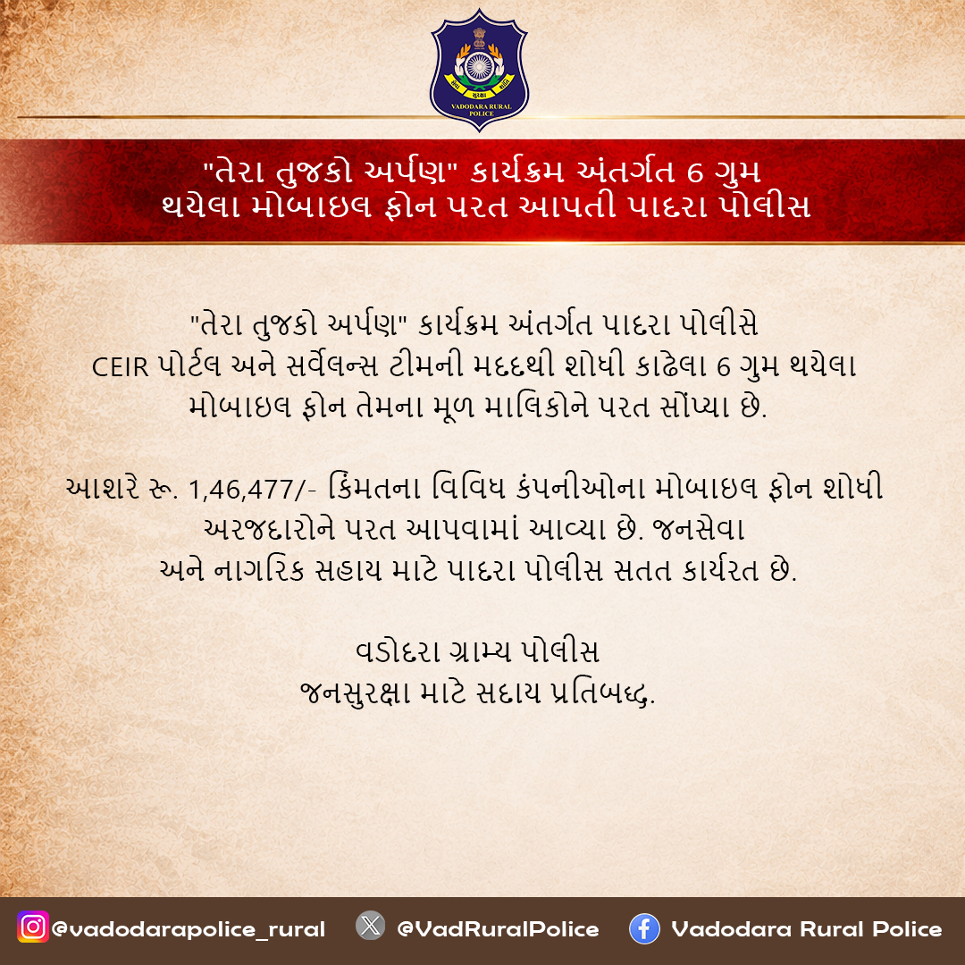 VadRuralPolice's tweet photo. "તેરા તુજકો અર્પણ" કાર્યક્રમ અંતર્ગત પાદરા પોલીસે CEIR પોર્ટલની મદદથી શોધી કાઢેલા 6 ગુમ થયેલા મોબાઇલ ફોન તેમના મૂળ માલિકોને પરત સોંપ્યા.

જનસેવા અને નાગરિક સહાય માટે વડોદરા ગ્રામ્ય પોલીસ સતત પ્રતિબદ્ધ છે. 📱🚔

#TeraTujhkoArpan #CEIR #PadraPolice #VadodaraRuralPolice https://t.co/5QebVwsnay