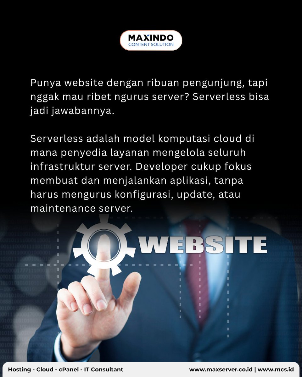 maxindosolution's tweet photo. Masih sibuk ngurus server?
Saatnya fokus mengembangkan bisnis.
Dengan Serverless, kamu tidak perlu lagi pusing memikirkan maintenance server, kapasitas, atau update infrastruktur. Tinggal bangun aplikasinya, biarkan penyedia cloud yang mengelola sisanya. https://t.co/EgHXd9Q2eM