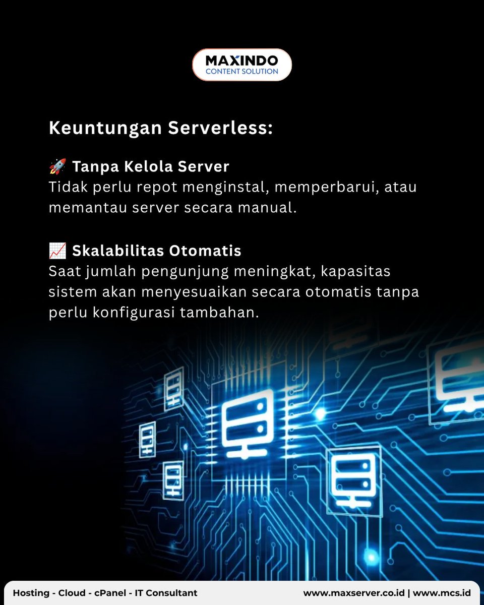 maxindosolution's tweet photo. Masih sibuk ngurus server?
Saatnya fokus mengembangkan bisnis.
Dengan Serverless, kamu tidak perlu lagi pusing memikirkan maintenance server, kapasitas, atau update infrastruktur. Tinggal bangun aplikasinya, biarkan penyedia cloud yang mengelola sisanya. https://t.co/EgHXd9Q2eM