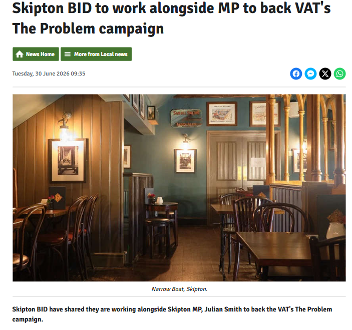 JulianSmithUK's tweet photo. I'm pleased to be working with @SkiptonBID pressing for a reduction in VAT for the hospitality sector.

Our pubs, cafés, restaurants and hotels are vital to our local economy, and I'll continue working with local businesses to make the case for the support they need.

Read more here: https://t.co/maWjjzEQbQ