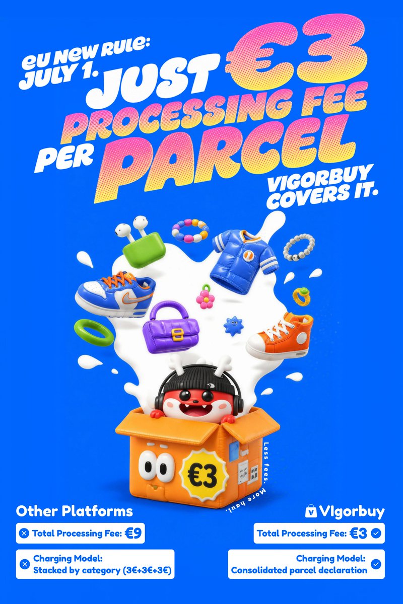 Vigorbuy's tweet photo. 📢 Europe import update 🇪🇺

€3 per category under new rule
Vigorbuy subsidy = €3 per parcel only 🚚
No stacking even with multiple items 👇

clothes + shoes + accessories = still €3

#Vigorbuy #Europe #Shipping #ImportPolicy https://t.co/wY20ktjcaJ