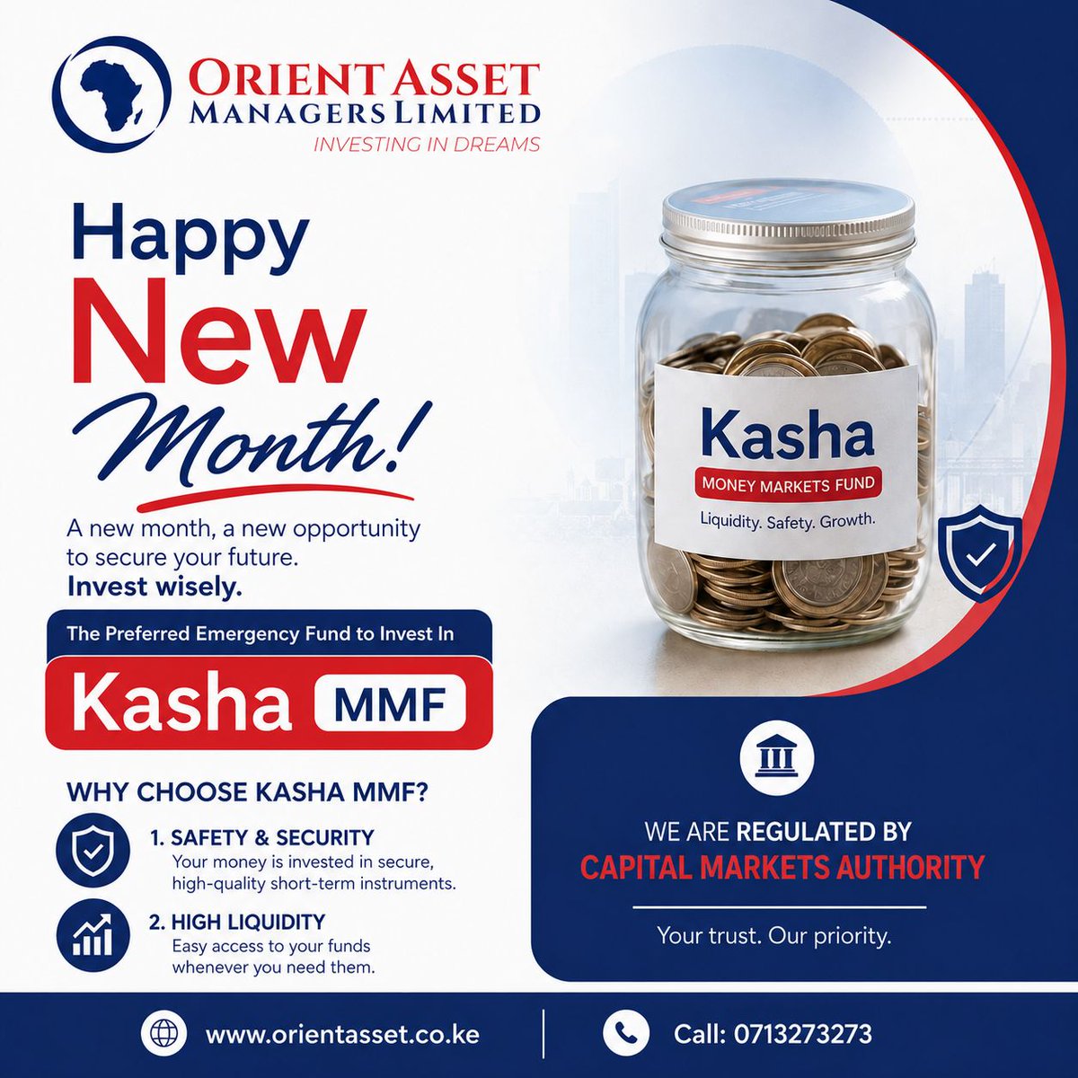 orientasset's tweet photo. New month. New opportunity. Same goal: Secure your future 
Fill your Kasha jar this month and let your money work for you.  
Liquidity. Safety. Growth with Kasha MMF → Dial *273#  
CMA Regulated | Start from KES 500 | Access your funds anytime  
Invest wisely with Kasha MMF https://t.co/TJllUN5e1a