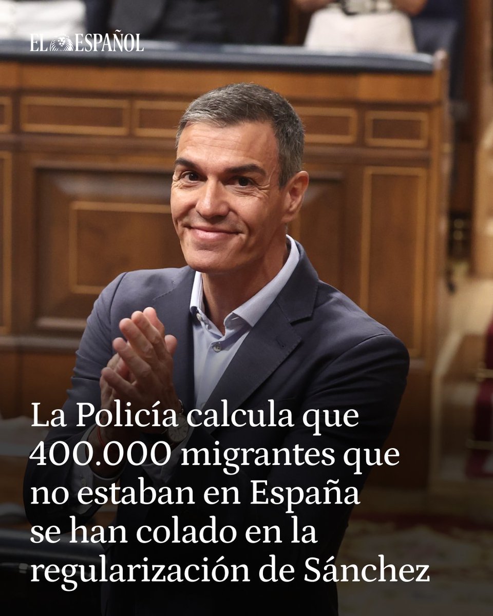 elespanolcom's tweet photo. 🔴 La Policía calcula que 400.000 migrantes que no estaban en España se han colado en la regularización de Sánchez

Moncloa dice ahora que cuando estimó que habría 500.000 regularizaciones ya "barajaba" que "fueran más de un millón"

✍️ Por @BraisCedeira y @dgmaciejewski 
📲 https://t.co/vw482USwqK