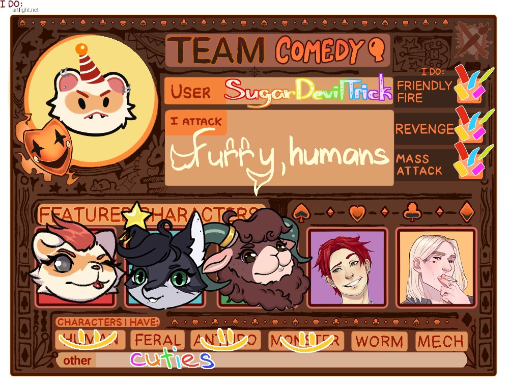 sugardeviltrick's tweet photo. One more Art Fight year! Yay!!! 
I'll try my best :3

#artfight #artfight2026 #teamcomedy https://t.co/STzKXzRs5Y