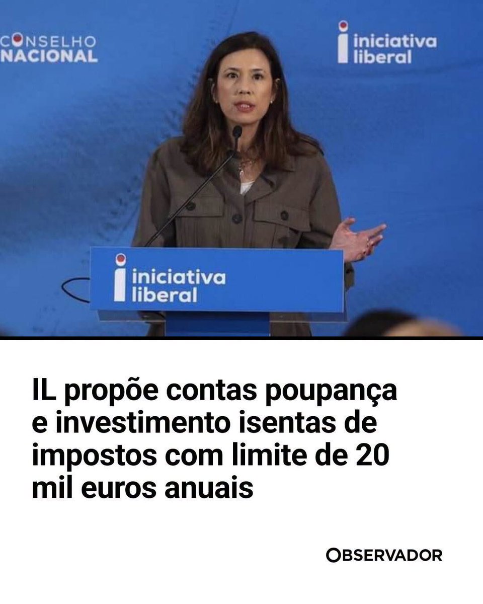 marianalqcl's tweet photo. JÁ SUBMETIDA: A IL propõe contas poupança e de investimento isentas de impostos até aos 20 mil euros. 

A taxa de poupança dos portugueses é bastante inferior à média da União Europeia, o que torna Portugal mais frágil. 

O incentivo à poupança promove a segurança financeira dos portugueses e contribui para a estabilidade económica do país. 

O Estado já taxa de forma exagerada o trabalho, não tem que estar a taxar  em cima quem consegue poupar um pouco e já pagou impostos pelo dinheiro que ganhou. 

Este modelo existe no Reino Unido (individual saving accounts) e deve avançar em Portugal. 

O fruto do trabalho pertence às pessoas, não ao Estado! 

🇵🇹 Deixem Portugal melhorar com a Iniciativa Liberal. Aprovem esta proposta.