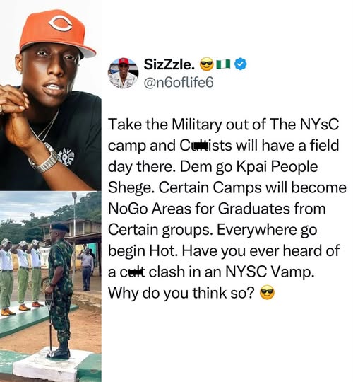 yabaleftonline's tweet photo. "Take the military out of the NYSC camp and c*ltists will have a field day there" — OAP N6 reacts to the new NYSC reforms. https://t.co/yaBOisZoFf