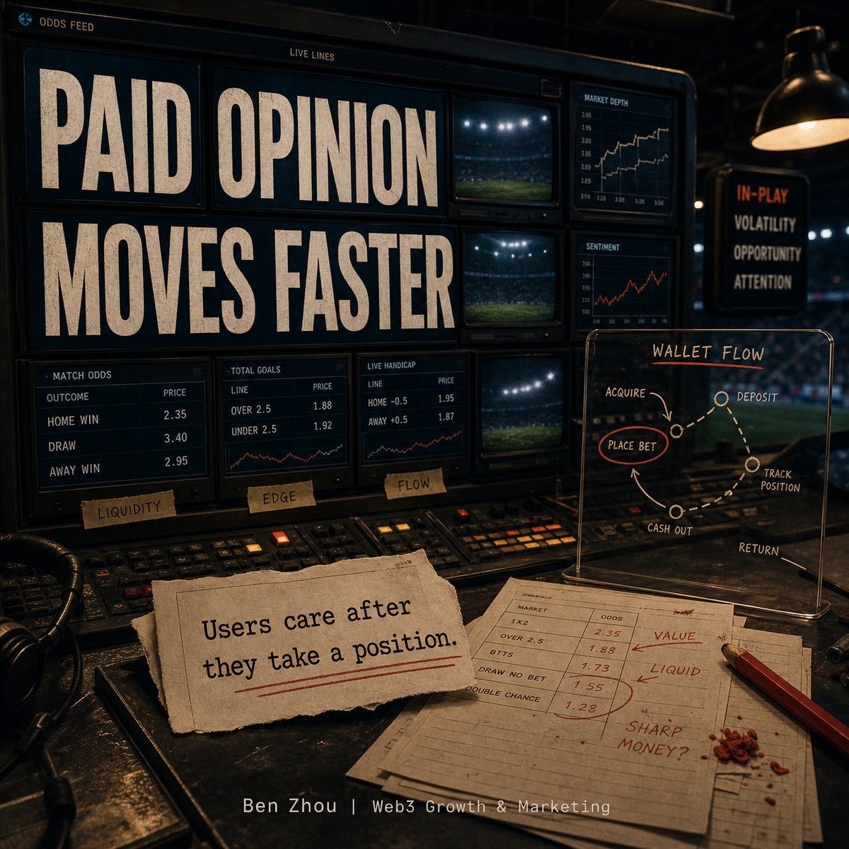 Ben_eth100's tweet photo. Prediction markets are making fandom brutally readable.

Polymarket's World Cup page shows 225 active markets and over $3.7B in volume, with France around 33% on the winner market today.

That sounds like culture. It is closer to paid opinion.
The useful operator lesson is not "sports fans love crypto." It is that people will connect wallets when the product gives them a live reason to change their mind. Injury news, penalties, bracket movement, odds moving every few minutes.

Most crypto apps ask users to believe before they behave. Prediction markets flip it. First the user takes a position, then they start caring.

#PredictionMarkets #WorldCup2026 #CryptoGrowth #Web3‌‌