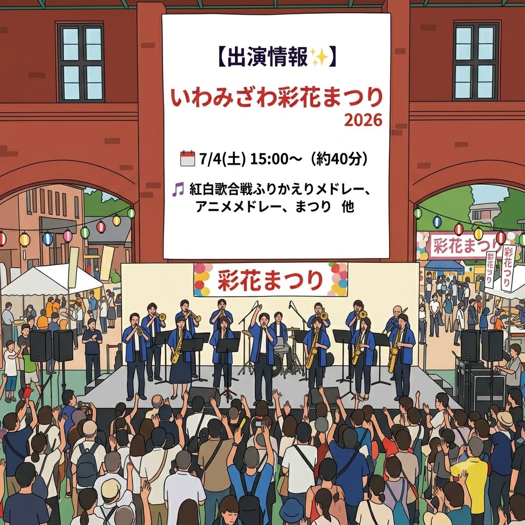 matsuribrass's tweet photo. 【出演情報✨】
いわみざわ彩花まつり2026に出演します！

📅 7/4(土) 15:00〜 (約40分)
🎵 紅白歌合戦ふりかえりメドレー、アニメメドレー、まつり 他

冬のドカ雪まつりに続き、岩見沢を代表するお祭りで演奏できて嬉しいです！みんなで一緒に盛り上がりましょう🎺 https://t.co/8bMDAlfedN