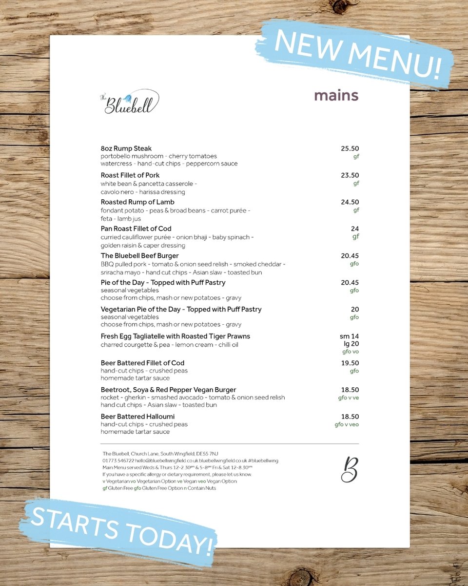 bluebellwing's tweet photo. 🌟 We're excited to share our brand new menu. Come and find your new favourite! Weds &amp; Thurs 12–2.30pm &amp; 5–8pm · Fri &amp; Sat 12–8.30pm. 📞 01773 546722 | 🌐 https://t.co/b0gKX0GnoB | ✉️ hello@bluebellwingfield.co.uk #NewMenu #SouthWingfield #EatLocal https://t.co/CQNbyqVRcV