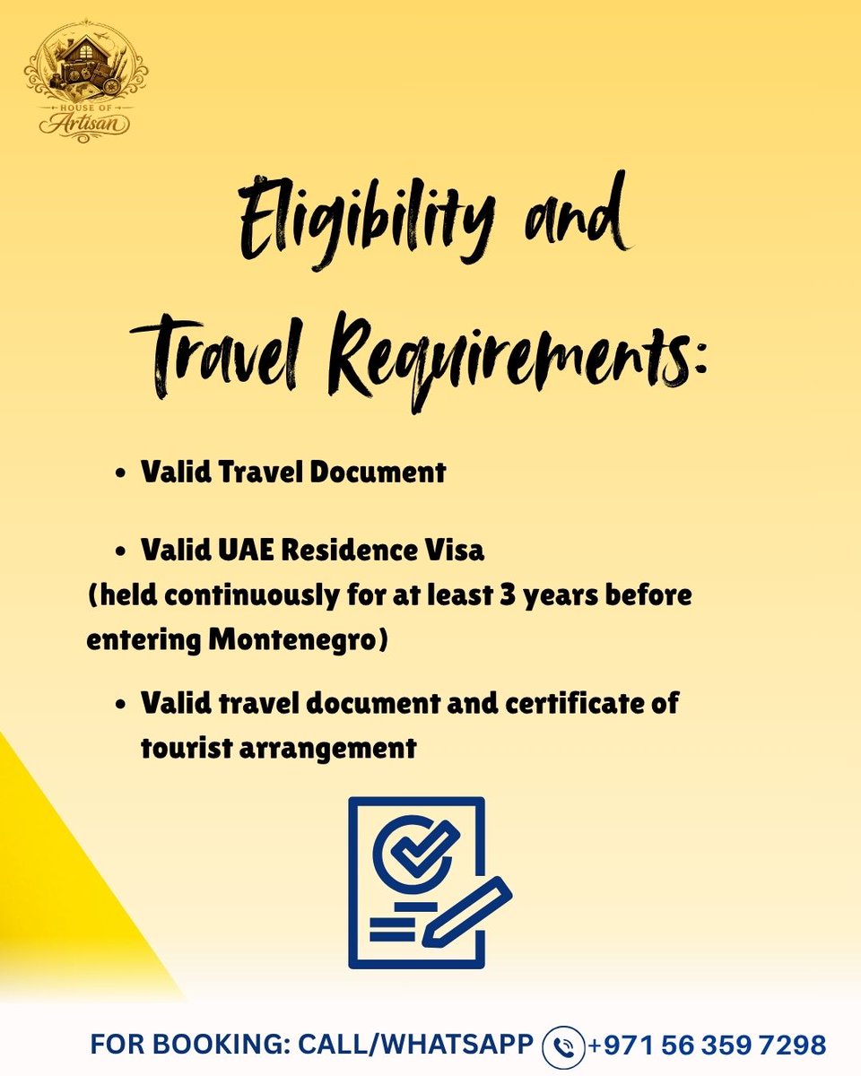 houseofartisan_'s tweet photo. Montenegro just got easier to visit for eligible UAE residents! ✈️

Not sure if you qualify?
📩 Send us a DM, and we'll help you check your eligibility.

#Montenegro #VisitMontenegro #UAEResidents #VisaFreeTravel #Summer2026 #VisaAssistance #HouseofArtisan #dubai https://t.co/x2TgqqakJh