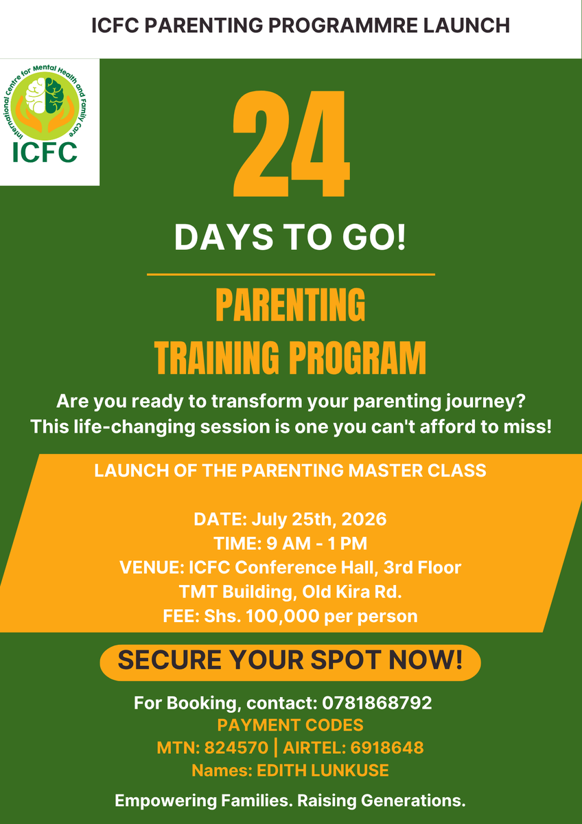 IcfcUg's tweet photo. 24 DAYS ! To the Launch of the Parenting Training Program.
Book your Seat and Be Transformed. https://t.co/tR0VVgfKZf