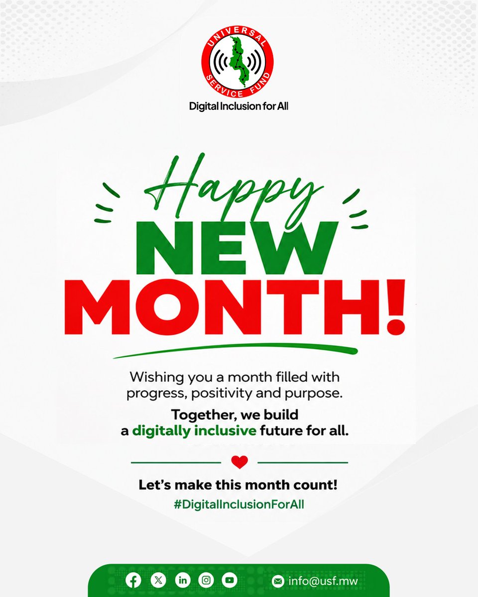 usfmalawi's tweet photo. Happy New Month!

A new month brings new opportunities to connect, learn, and grow. Together, let's continue building a digitally inclusive Malawi where no one is left behind.

Here's to a productive and impactful month ahead!

#HappyNewMonth
#DigitalInclusionForAll
#usfmalawi https://t.co/tOMqK4TV4V