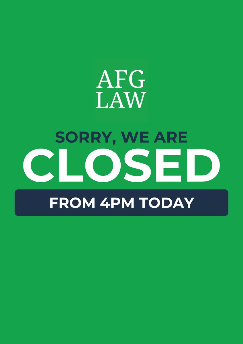 AFGLAW's tweet photo. Please note that all of our offices will be closed from 4pm today.

We apologise for any inconvenience this may cause. We will be reopening as normal at 9am tomorrow morning Thursday 2nd July. https://t.co/Y2DMW1JCJw