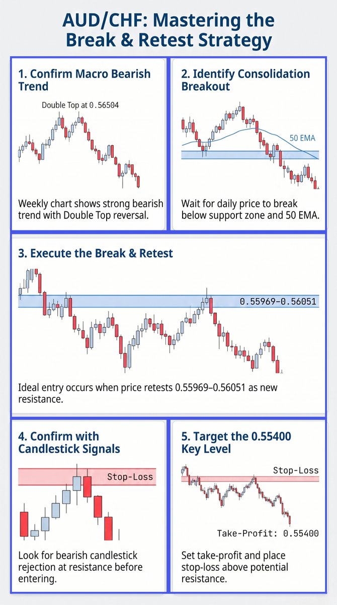 ACY_Securities's tweet photo. Are you chasing breakouts only to get trapped on the wrong side of the market?

Most retail traders see a sudden drop, panic, and click sell at the absolute bottom. The professionals wait for the market to give away its hand.

THE "BREAK & RETEST" BLUEPRINT

We are tracking a clean textbook setup on AUD/CHF. Stop guessing on momentum and start looking for structural validation. Here is the step-by-step execution:

 ✅The Macro Trend: The weekly chart confirms a heavy bearish trend following a Double Top reversal at 0.56504.

 ✅The Breakout: Daily price action has officially cleared the consolidation support floor and the 50 EMA.

 ✅The Trap Zone: Do not chase the move. Wait for a pull-back to retest 0.55969–0.56051 as the new resistance ceiling.

 ✅The Trigger: Look for a clear bearish candlestick rejection at this zone before executing your entry.

 ✅The Objective: Set your take-profit target at the 0.55400 key liquidity level, with a defined stop-loss safely above the resistance ceiling.

 ❌Stop trading on emotion. Let the structure do the heavy lifting.

Want to master this strategy on a live feed?

Read our full technical breakdown here: https://t.co/KIk6EaAKSm