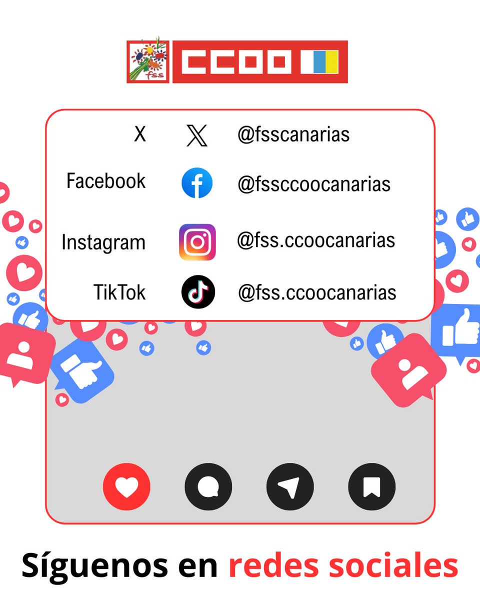 fssccoo's tweet photo. @fssccooand @FSSCCOOAragon @DeliaLizana @fsasturiasarea5 @fsasturiasarea6 @fsasturiasarea4 @fsasturiasccoo ✔️ Sigue la información de la FSS-CCOO Canarias en todas sus redes sociales
#SaltaALaRed https://t.co/HbrzyIQ8Vu
