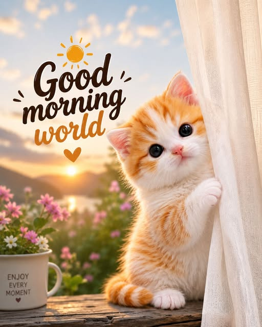 bright29681's tweet photo. This cute cat image features a tiny bundle of joy peeking through the curtains, reminding us that every new morning is another chance to smile, heal, and start fresh.
Good morning world… may your day be filled with peace, kindness, and beautiful little moments that warm your heart.