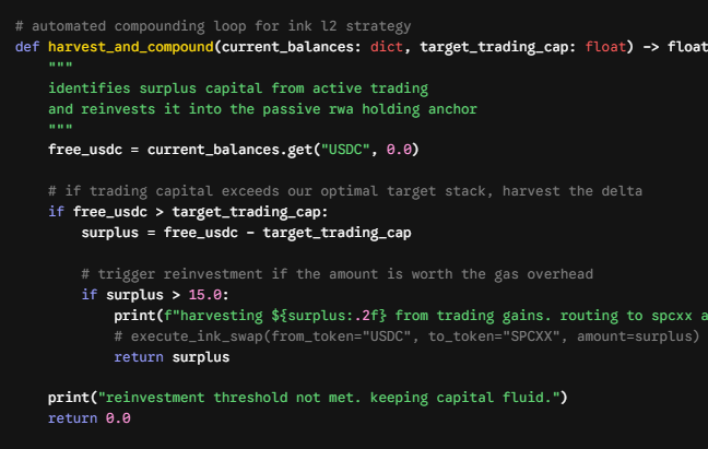 FreeMoneyGL's tweet photo. If your trading profits on #Inkonchain are just sitting idle, you're losing your daily compounding points
if you're farming both high-velocity trading campaigns and passive holding pools on @inkonchain, leaving your profits sitting idle means you're missing out on compounding points.
here is step 5 of the dev series: building an automated compounding loop that harvests excess trading gains and routes them back into your passive asset anchor to maximize capital efficiency.
step 5: write an automated harvest function inside Cursor IDE. if the agent's free capital or trading returns cross a specific threshold, it triggers a market buy for SPCXx to scale your XStocks +20% daily multiplier pool.
this creates a flywheel effect: high-multiplier @nadoHQ volatility directly feeds your long-term passive exposure for the upcoming INK drop.
are you guys compounding your ecosystem rewards manually or letting scripts automate the harvest loop?
here is the closed-loop compounding logic:๐