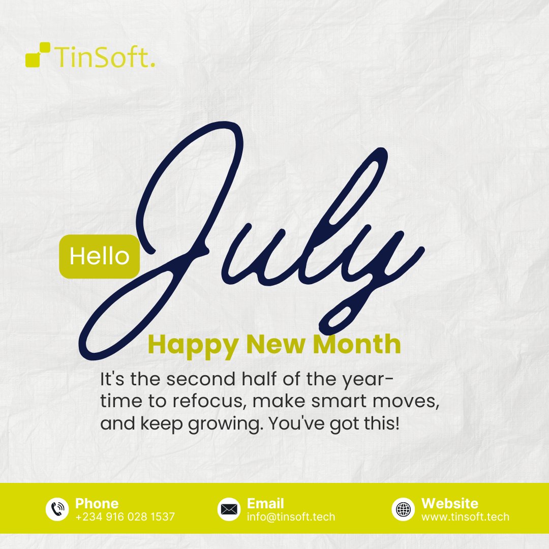 Tinsoft_Tech's tweet photo. Hello, July! 🌟

A new month means new opportunities to innovate, grow, and achieve more.

This July, let technology work smarter for your business while you focus on what matters most.

Happy New Month from all of us at TinSoft.

#HelloJuly #HappyNewMonth #TinSoft #Innovation https://t.co/YIOpDx6ofp