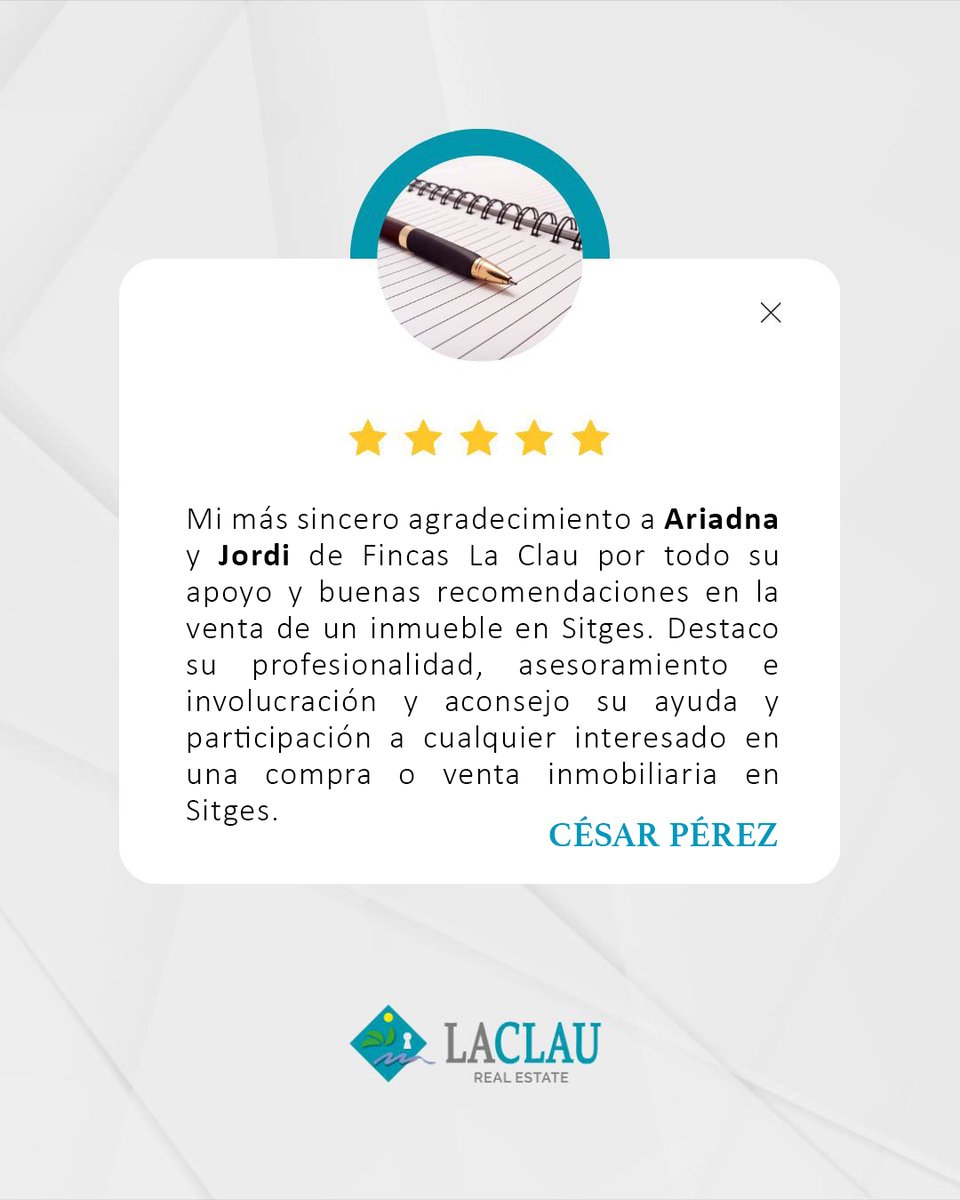 LaClauGroup's tweet photo. 💙 Gracias, César Pérez, por confiar en Ariadna y Jordi.
🏡 En Fincas La Clau trabajamos cada día para ofrecer un servicio cercano, profesional y de confianza.
🤝 Vuestras recomendaciones son nuestra mejor carta de presentación.
🌐 https://t.co/DZmdcvNUhI
☎️ 93 811 01 04 https://t.co/79kYwVBTxv