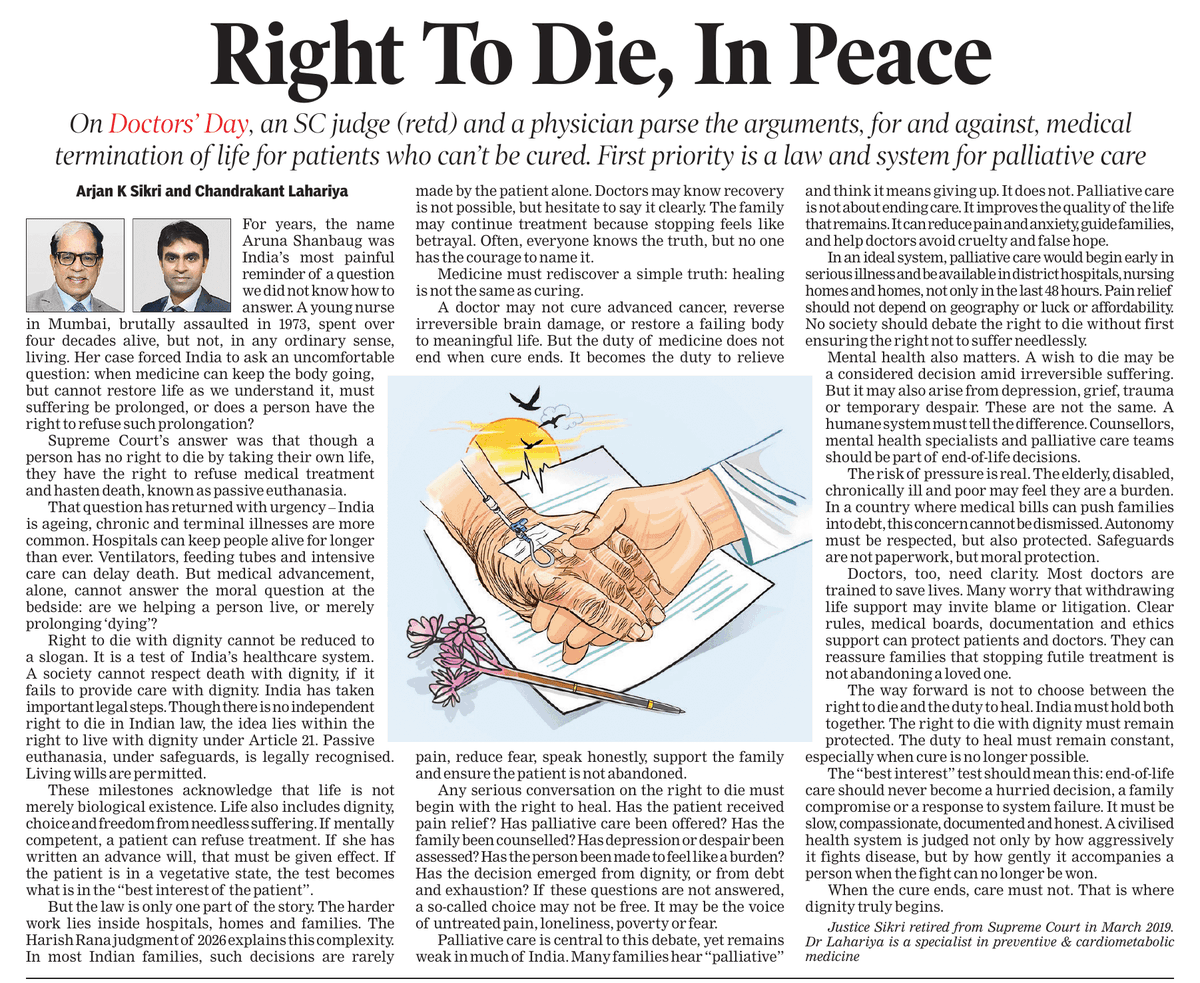 Mukesh_k's tweet photo. How should a civilised society care for people when a cure is no longer possible??
Congrats to my friend @DrLahariya and Justice (Retd.) Sikri for bringing this vital conversation to the forefront through today's lead article in @timesofindia. 
Worth reading🔍👇 https://t.co/0glBHJONib