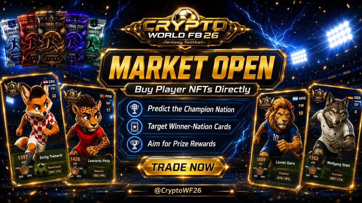 CryptoWF26's tweet photo. 🚨 MARKET IS NOW OPEN!

The in-game Market for Crypto World Football 26 is now live.

You can now buy player NFTs directly and target the countries you believe will become champion.

Predict the winning nation.
Pick up the player NFTs you want.
Build your strategy.
Aim for the prize rewards. 🏆💰
The tournament is getting serious.
#CryptoWorldFootball26
#CryptoWF26
@CryptoWF26