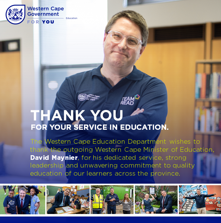 WCEDnews's tweet photo. We wish to thank Minister @DavidMaynier for his leadership and dedicated service to education in the province.

Thank you for your commitment to improving learning outcomes, expanding access to education&amp; creating greater opportunities for our learners.

We wish you all the best! https://t.co/4Jx2Qbjmgl