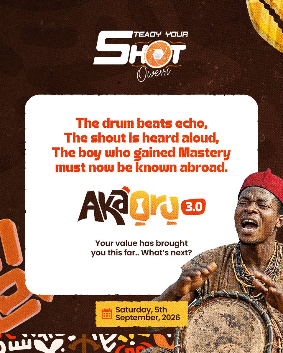 steadyyourshot's tweet photo. Your gift got you noticed. Your value brought you this far.

You’ve sharpened your skill. You’ve paid the price. Now it’s time to amplify your voice and expand your influence.

Those who have prepared must rise

Join us at Akà Ọrụ 3.0

#SteadyYourShot2026
#SYS26
#AkaOru3 https://t.co/R4mpkPNOo5