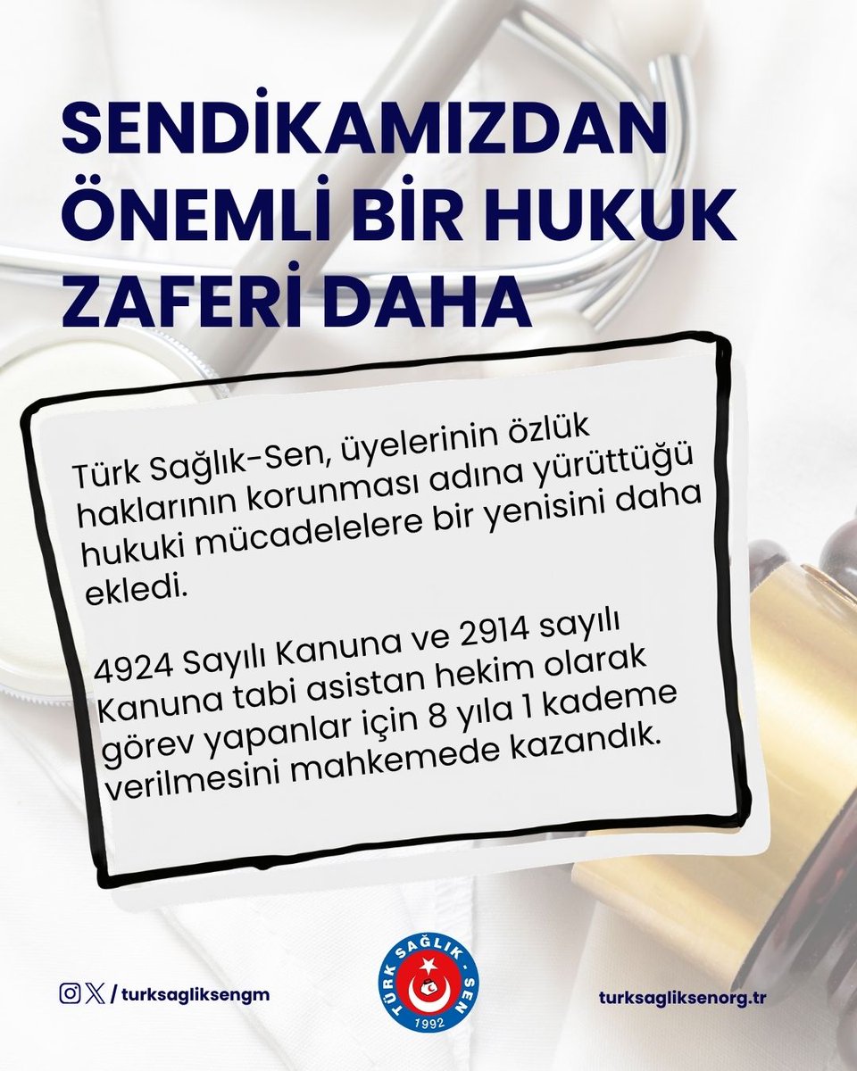 turksagliksengm's tweet photo. ⚖️ Türk Sağlık-Sen'den Bir Hukuk Zaferi Daha!

✅ 4924 sayılı Kanun kapsamında sözleşmeli uzman tabip ve 2914 sayılı Kanun kapsamında asistan hekim olarak geçirilen hizmet sürelerinin, 8 yıla 1 kademe hesabında dikkate alınması gerektiğini mahkeme kararıyla kazandık.
#TürkSağlıkSen  #HukukZaferi #8Yıla1Kademe #AsistanHekim 
Haber için 
🔗https://t.co/8GZ8Ul9sxp
