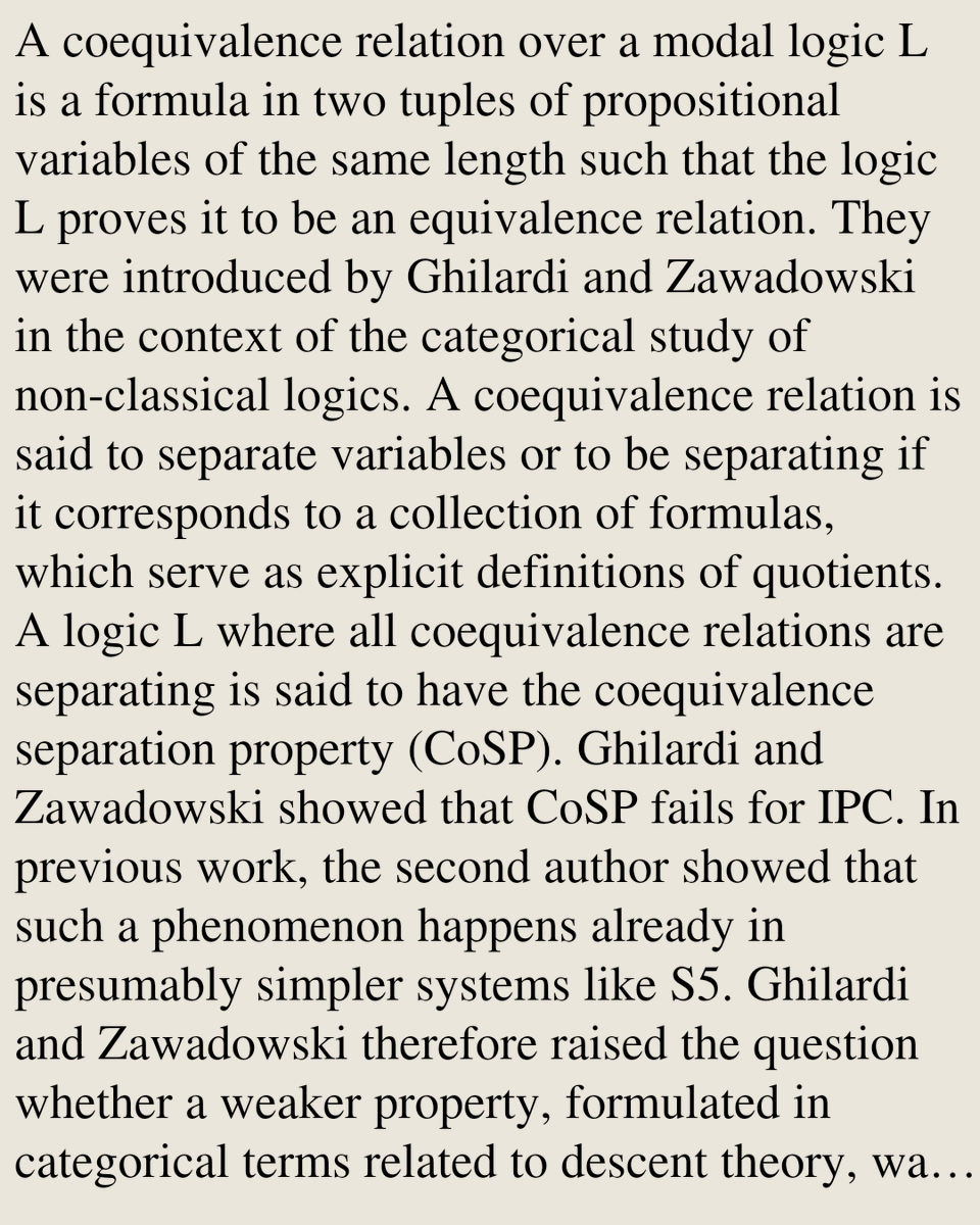 PRWT's tweet photo. Coequivalence Relations and Descent in Modal Logic

Rodrigo Nicolau Almeida, Matteo De Berardinis
https://t.co/5iu4mezPxO [𝚖𝚊𝚝𝚑.𝙻𝙾 𝚖𝚊𝚝𝚑.𝙲𝚃] https://t.co/gkGUcX7RZP