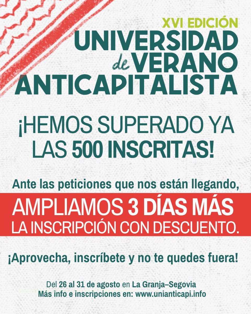 camargoraul's tweet photo. Las inscripciones a la Universidad de Verano de @anticapi_ se han disparado este año y van mas de 500.Ante las peticiones, ampliamos 3 dias el precio reducido. No te quedes fuera del evento cultural y politico  de la izquierda mas importante del año👇

https://t.co/Ph8oQv2UpB https://t.co/doY3hvVY8A