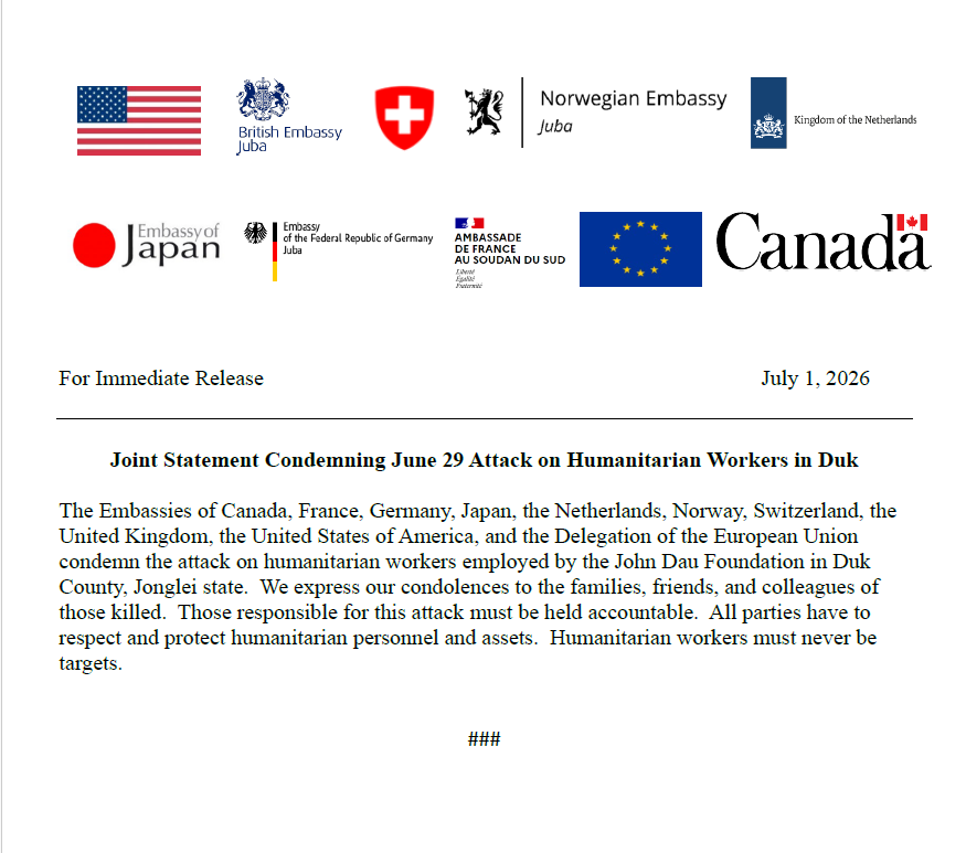 UKinSouthSudan's tweet photo. Joint Statement Condemning June 29 Attack on Humanitarian Workers in Duk https://t.co/O0266lpHyR