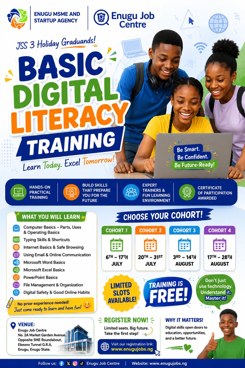 EnuguJobCentre's tweet photo. *REMINDER ❗❗*
JSS3 Holiday just got more exciting!
Why let your child spend the holidays idle when they can learn valuable digital skills for the future?
Register now:👇👇
https://t.co/tmpbjxM1bu
#EnuguJobCentre
#enugusmecentre
#bdlt
#GIZSKYE
#ILO https://t.co/InWIvBkfzL