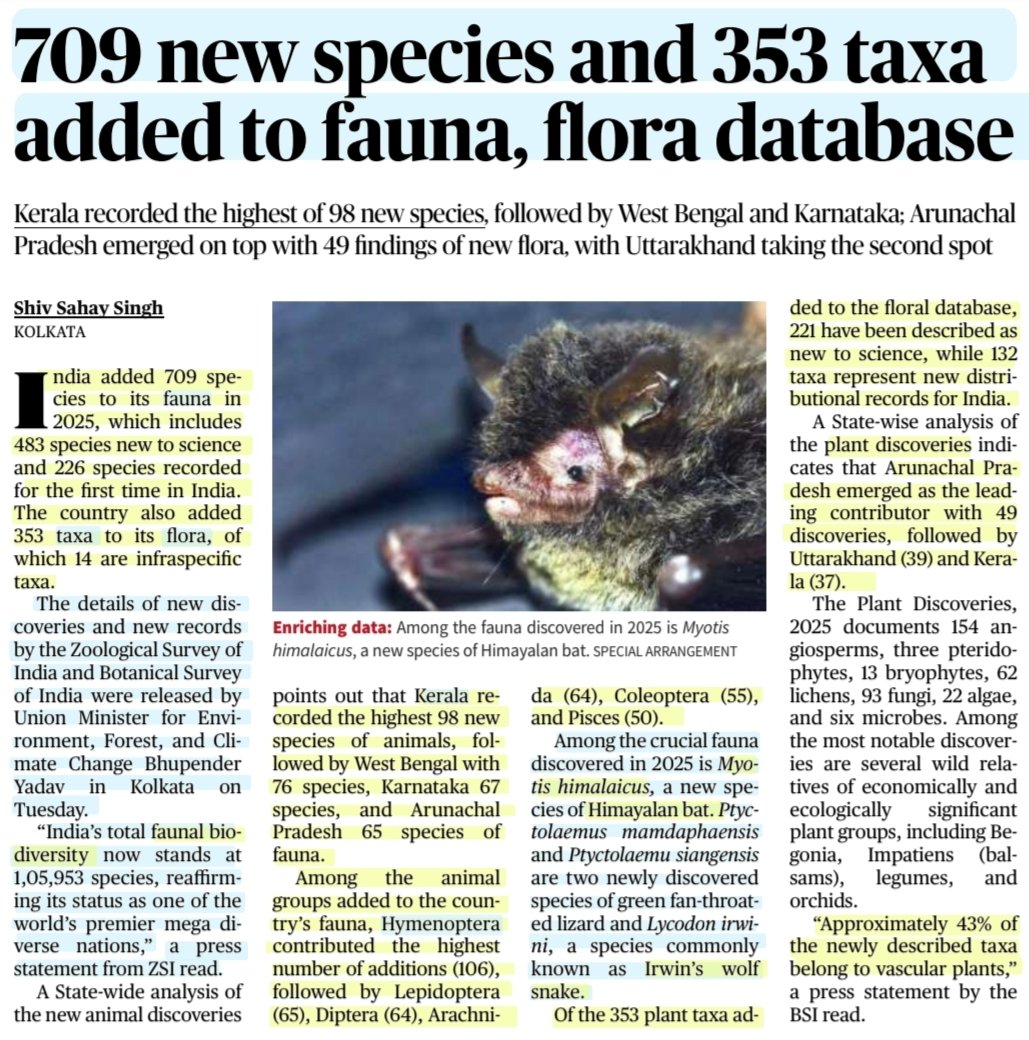 imRavikantYadav's tweet photo. 709 new species &amp; 353 taxa added to Fauna, flora database

:Details by Sh Shiv Sahay Singh
@shivsahays 

#India #Fauna #Flora
#Biodiversity #FaunalBiodiversity
#Kerala #ArunachalPradesh

#UPSC

Source: TH https://t.co/422sA5QanJ