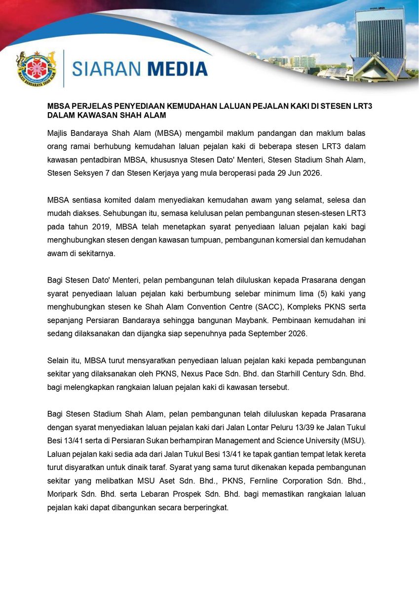 sacitycouncil's tweet photo. [𝐒𝐈𝐀𝐑𝐀𝐍 𝐌𝐄𝐃𝐈𝐀]

Majlis Bandaraya Shah Alam (MBSA) mengambil maklum pandangan dan maklum balas orang ramai mengenai kemudahan laluan pejalan kaki di beberapa stesen LRT3 dalam kawasan pentadbiran MBSA.

Orang ramai disarankan untuk merujuk siaran media yang dilampirkan bagi mendapatkan maklumat yang tepat dan sahih berhubung perancangan dan tindakan MBSA.

#WeLoveShahAlam
#KitaSelangorMajuBersama
#MalaysiaMADANI
#PemacuKemajuan
#PenerajuKecemerlangan