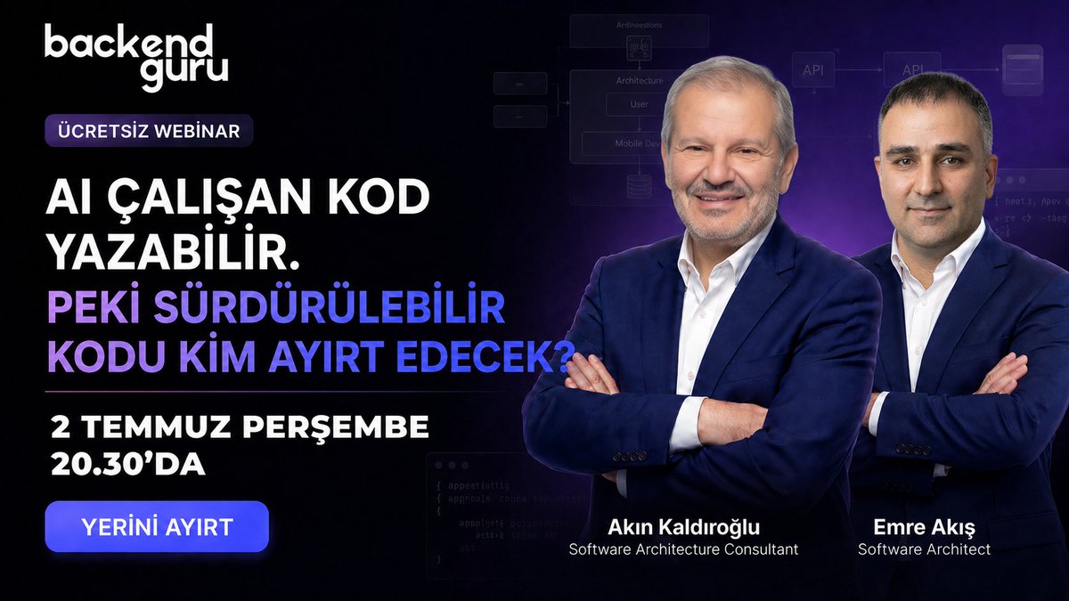 Backendguru_'s tweet photo. Sizi daha değerli bir yazılım geliştirici yapan şey gerçekten daha hızlı kod yazmanız mı?
🔗 Ücretsiz Kayıt: https://t.co/Y4jOWYEKvZ

AI ile kod yazmak, yazılım geliştirme sürecinin önemli bir parçası haline geldi.

Ancak uzun vadede fark yaratan; mevcut sistemleri doğru analiz edebilmek, doğru mimari kararları verebilmek ve AI'ın ürettiği çıktıları yazılım mühendisliği bakış açısıyla değerlendirebilmektir.

Bu webinarımızda, AI'ın büyük projeleri analiz etme konusunda neler yapabildiğini ve yazılım geliştiricilerin bu araçlardan en yüksek verimi nasıl elde edebileceğini konuşacağız.

Ele alacağımız konulardan bazıları:
• AI büyük projeleri gerçekten anlayabilir mi?
• Mimariyi ve bağımlılıkları nasıl analiz edebilir?
• AI'ın sınırları nerede başlıyor?
• AI çağında yazılım geliştiricinin rolü nasıl değişiyor?

📅 Yarın akşam 20.30'da canlı yayında görüşmek üzere.