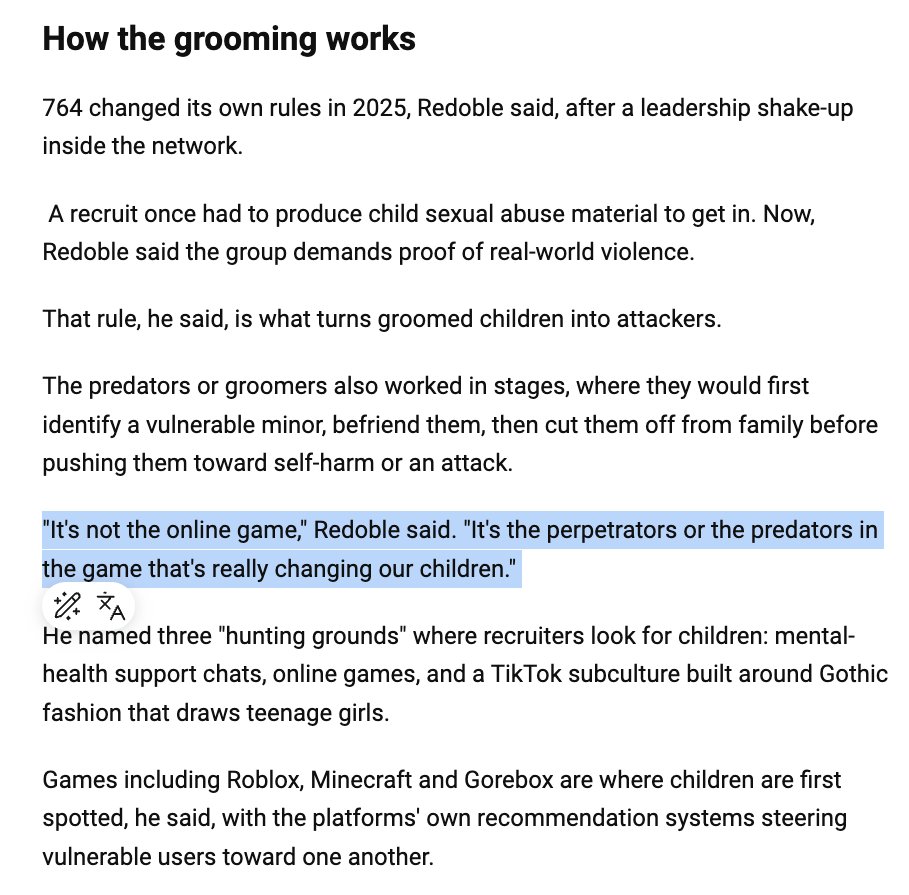 RamblingsNerd2's tweet photo. The headline is a misnomer. That said:
>Though it's NOT confirmed that 764 is responsible, groomers allegedly linked with it were identified.
>The fact that the focus has shifted away from "muh violent video games" is already a positive step.

https://t.co/tEI97sIzMq https://t.co/yoqiMSPZVB