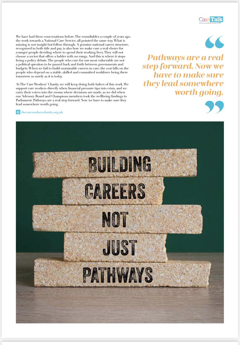 CareTalkMag's tweet photo. In this issue: 𝐁𝐮𝐢𝐥𝐝𝐢𝐧𝐠 𝐂𝐚𝐫𝐞𝐞𝐫𝐬, 𝐍𝐨𝐭 𝐉𝐮𝐬𝐭 𝐏𝐚𝐭𝐡𝐰𝐚𝐲𝐬

The Care Workforce Pathway is a welcome step, but a career framework alone won’t fix social care’s workforce crisis @CareWorkersFund 

https://t.co/1KolGcCoNj PG 14
#ThankYouSocialCare https://t.co/9Tf7xTynjd