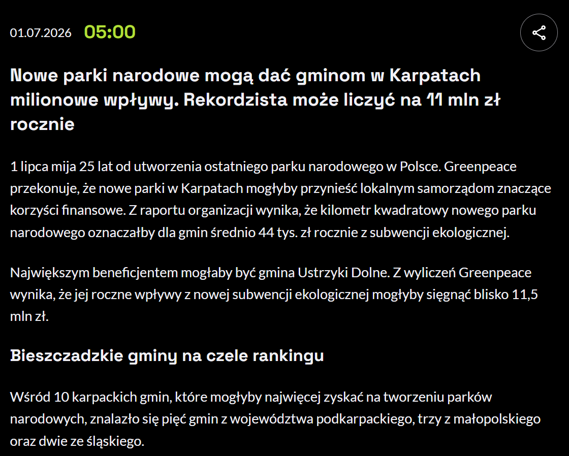 Greenpeace_PL's tweet photo. XYZ: Nowe parki narodowe mogą dać gminom w Karpatach milionowe wpływy. Rekordzista może liczyć na 11 mln zł rocznie

Czytaj więcej: https://t.co/lA22MqJoGT https://t.co/JPRVVUvI3L