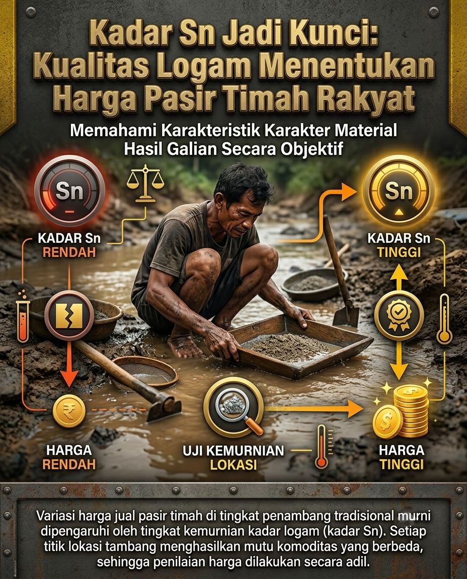 Kabarinbrt's tweet photo. Harga pasir timah tidak hanya dipengaruhi jumlahnya, tetapi juga kadar Sn (timah) yang menentukan kualitas. Semakin tinggi kadar logam, semakin besar nilai ekonominya. 
#bangkabelitung #pttimah #timahfu #PertambanganRakyat #EkonomiDaerah https://t.co/O5Q1oo068Q