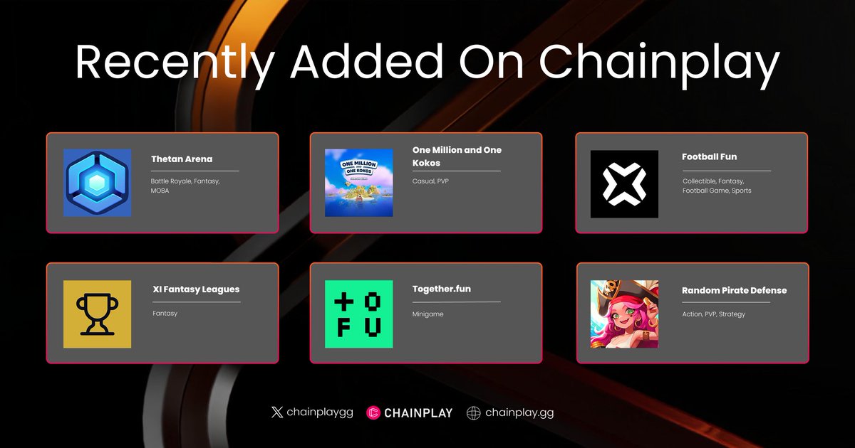 Chainplaygg's tweet photo. Fresh additions are live on Chainplay! ⚡

We’re excited to bring these new titles to our community👇🔥

Highlighted Projects👇: 
@ThetanArena 
@kokomo_games 
@XileagueX 
@Yooldo_Games 
@togetherdotfun
#Web3Gaming #GameFi #Chainplay #PlayToEarn #GamingUpdate https://t.co/1Q0Vsxa9wM