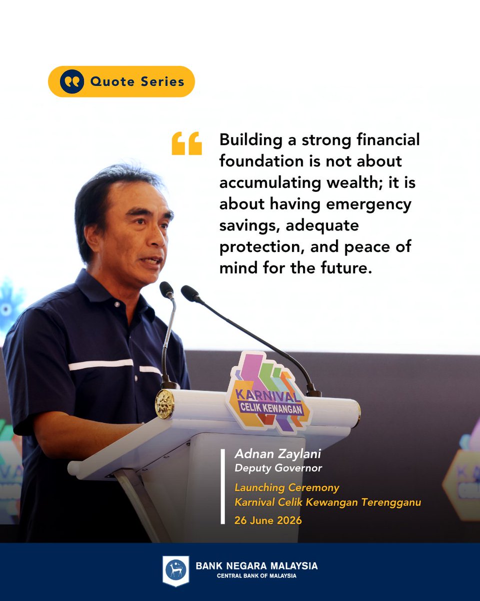 BNM_official's tweet photo. Membina masa depan yang lebih kukuh bermula dengan pilihan kita ambil hari ini.
 
Pada pelancaran Karnival Celik Kewangan Terengganu, Timbalan Gabenor Adnan menekankan kepentingan membina daya tahan kewangan, menggunakan perkhidmatan kewangan digital secara bijak, serta memupuk tabiat pengurusan kewangan yang baik sejak muda.
 
Baca ucapan penuh melalui https://t.co/XFd9Jxl94X
__

Building a secure financial future starts with the choices we make today.
 
Speaking at the launch of Karnival Celik Kewangan Terengganu, Deputy Governor Adnan highlighted the importance of building financial resilience, using digital financial services wisely, and nurturing good money habits from a young age.
 
Read the full speech at https://t.co/XFd9Jxl94X