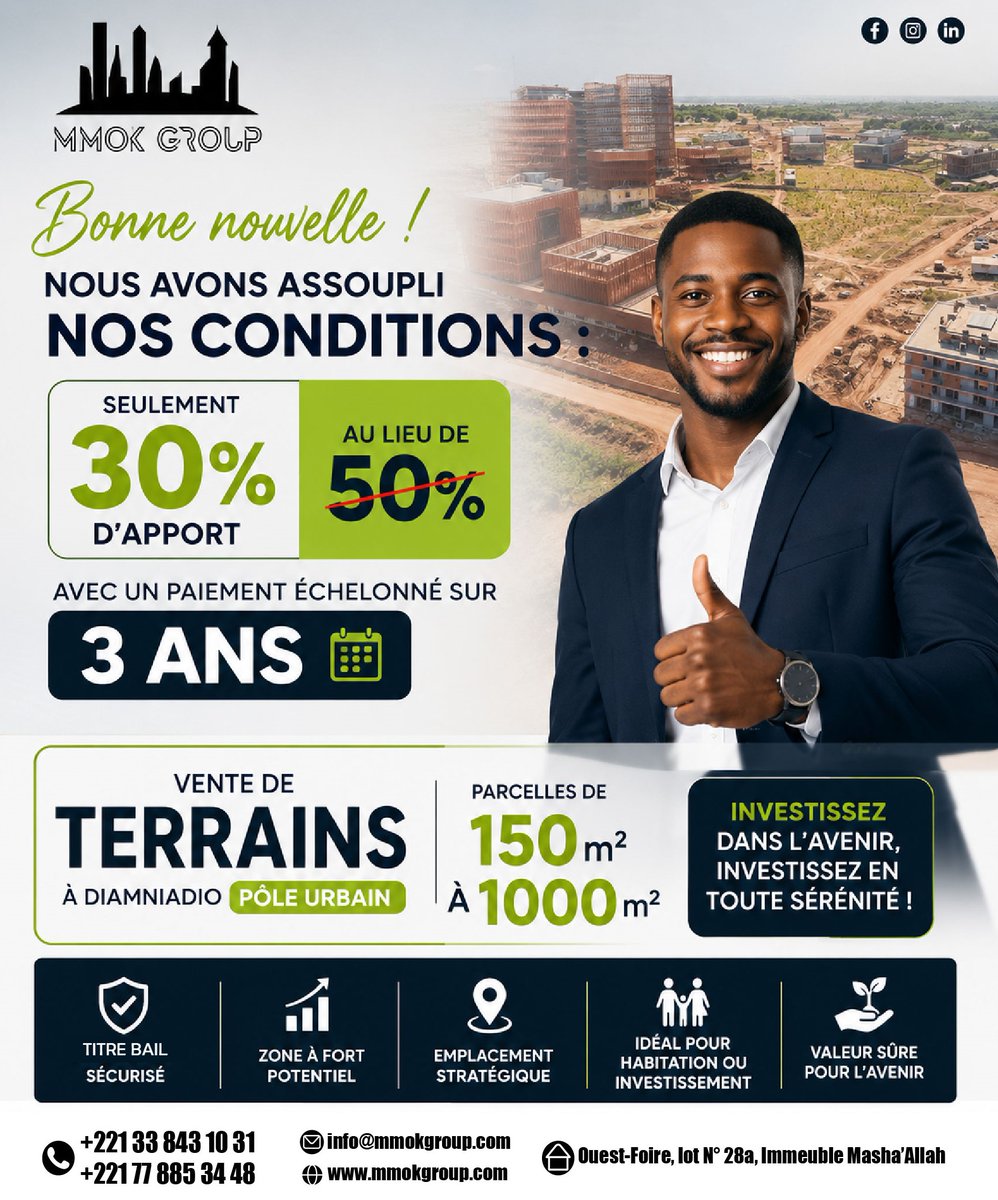 GroupMmok's tweet photo. 🏡 BONNE NOUVELLE ! NOS CONDITIONS SONT ENCORE PLUS ACCESSIBLES !

N'attendez plus :
Appelez au : 77 885 34 48 / +221 33 843 10 31
E-mail : info@mmokgroup.com
Web : https://t.co/jFemz1fPCT
Adresse : Ouest foire lot 28, Immeuble Masha'Allah, Dakar-Sénégal https://t.co/Zb0MGw4aM2