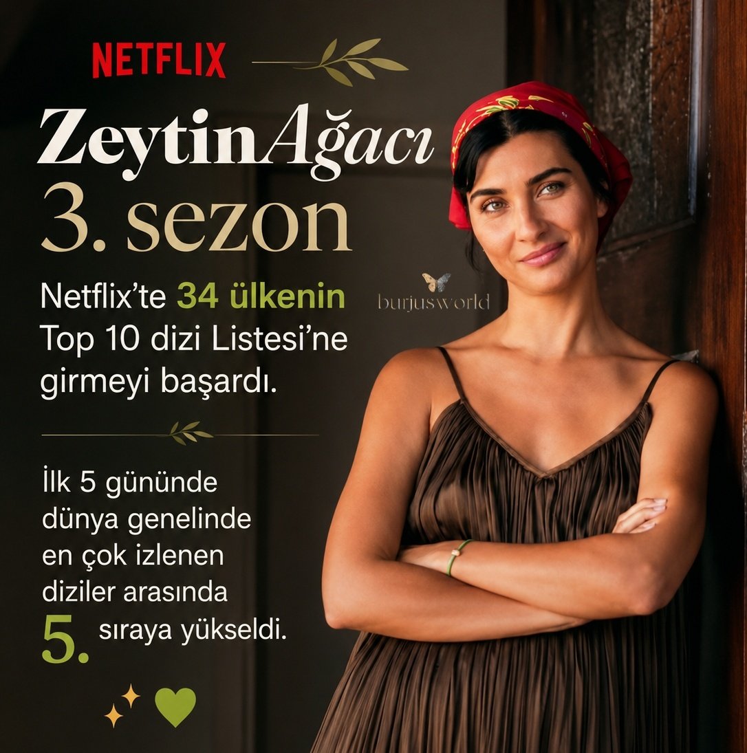 burjusworld's tweet photo. #ZeytinAğacı 3. sezon Netflix’te 34 ülkenin Top 10 dizi Listesi’ne girmeyi başardı. İlk 5 gününde dünya genelinde en çok izlenen diziler arasında 5. sıraya yükseldi. ✨💚 
#TubaBüyüküstün https://t.co/nd9NEWoLu7
