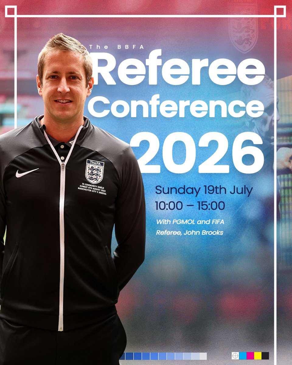 BerksandBucksFA's tweet photo. 📣 Join us at the BBFA Referee Conference 2026!

Take your refereeing to the next level with a full day of development, learning and networking at the BBFA Referee Conference.

📅 Sunday 19th July
🕙 10:00 – 15:00
📍 Burnham FC
🔗 Book your place today: https://t.co/xUBJyKTk8y https://t.co/PpwbERll2P